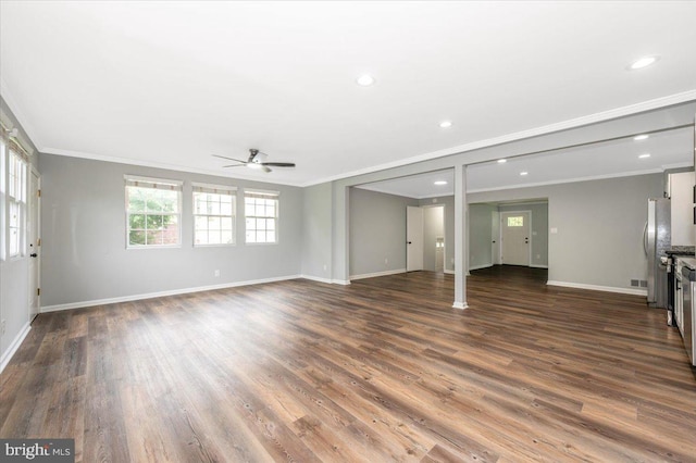 7533 Dover Ln, Lanham, MD 20706 - unfurnished living room featuring crown molding, a ceiling fan, baseboards, dark wood finished floors, and recessed lighting