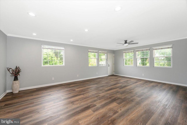 7533 Dover Ln, Lanham, MD 20706 - unfurnished room featuring ornamental molding, baseboards, recessed lighting, ceiling fan, and dark wood-type flooring