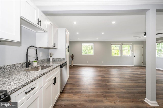 7533 Dover Ln, Lanham, MD 20706 - kitchen featuring a sink, dark wood-style flooring, open floor plan, dishwasher, and white cabinets