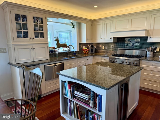 kitchen with custom exhaust hood, a sink, dark wood-style floors, wine cooler, and stove