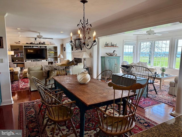dining room with dark wood-type flooring, a wealth of natural light, crown molding, and ceiling fan with notable chandelier