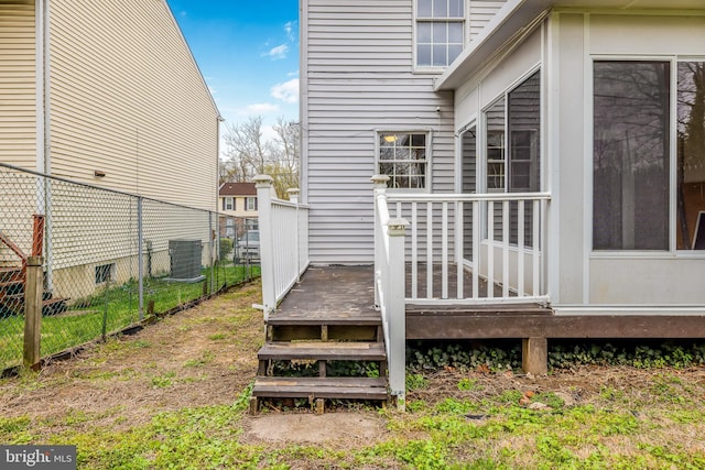 wooden deck featuring central air condition unit and fence