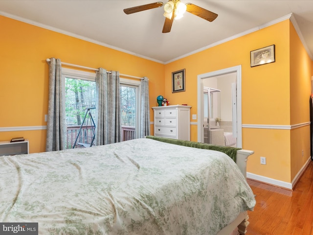 1304 Lakeview Dr, Cross Junction, VA 22625 - bedroom with connected bathroom, ceiling fan, crown molding, baseboards, and wood finished floors