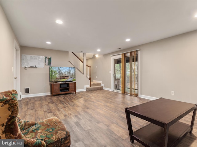 1304 Lakeview Dr, Cross Junction, VA 22625 - living room with recessed lighting, stairway, visible vents, baseboards, and wood finished floors