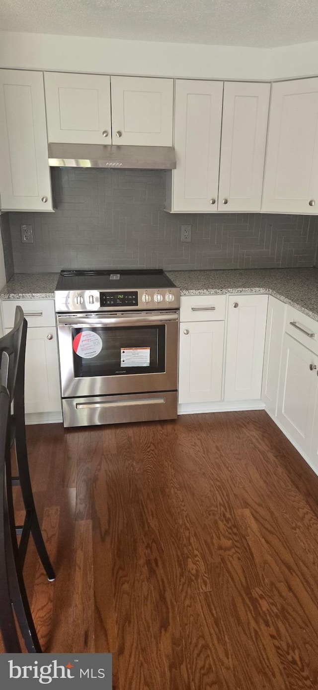 626 Felton Ave, Sharon Hill, PA 19079 - kitchen featuring backsplash, electric stove, white cabinetry, and under cabinet range hood