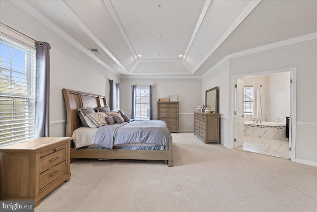 10815 Flying Change Ct, Upper Marlboro, MD 20772 - bedroom featuring recessed lighting, visible vents, ornamental molding, light carpet, and connected bathroom