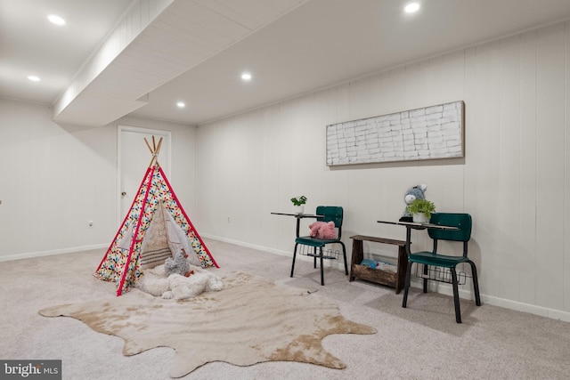 playroom with baseboards, carpet, and recessed lighting