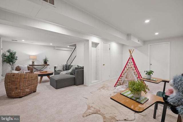 playroom featuring recessed lighting, visible vents, and carpet