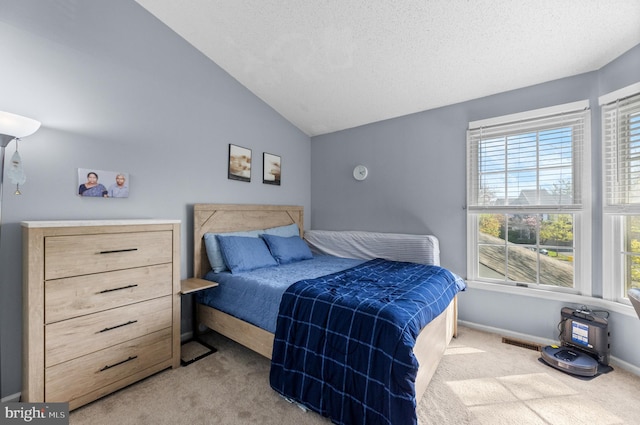 bedroom with lofted ceiling, baseboards, carpet flooring, and a textured ceiling