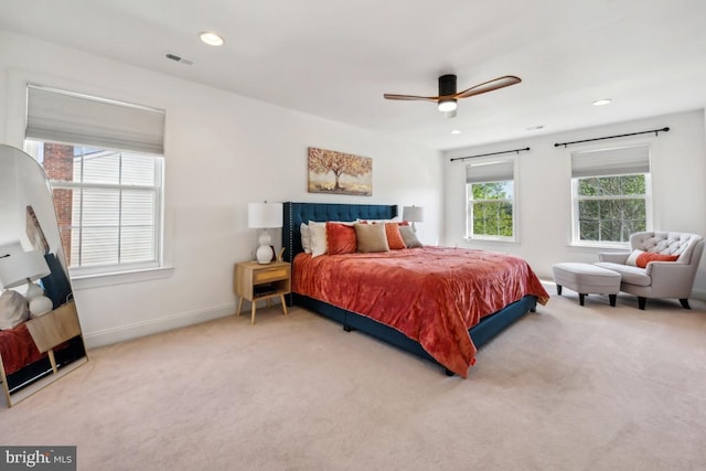 bedroom with baseboards, visible vents, carpet flooring, and recessed lighting