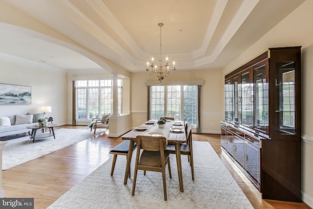 dining room with a chandelier, a healthy amount of sunlight, light wood finished floors, and ornamental molding