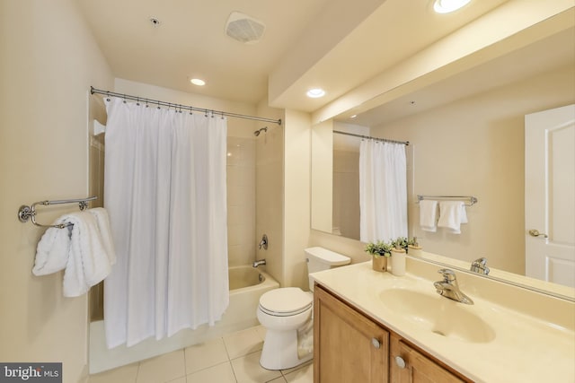 bathroom featuring recessed lighting, tile patterned flooring, toilet, vanity, and shower / tub combo with curtain