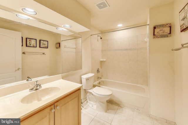 full bathroom featuring tile patterned flooring, shower / bathtub combination, visible vents, toilet, and vanity