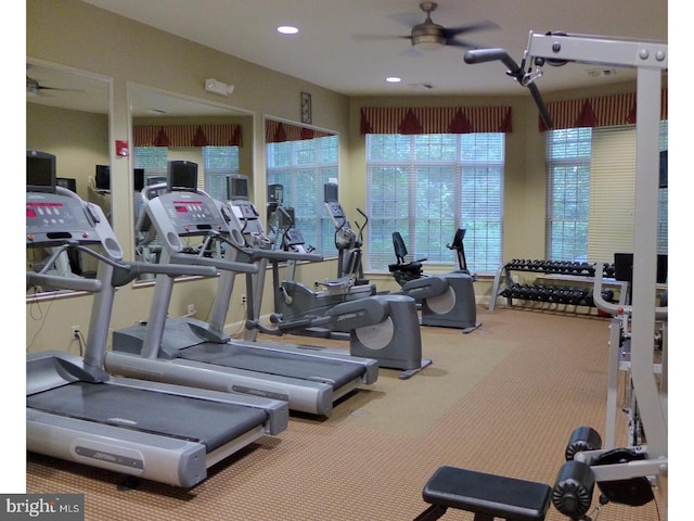 32 Dresner Cir, Upper Chichester, PA 19061 - workout area featuring recessed lighting, a ceiling fan, and carpet flooring