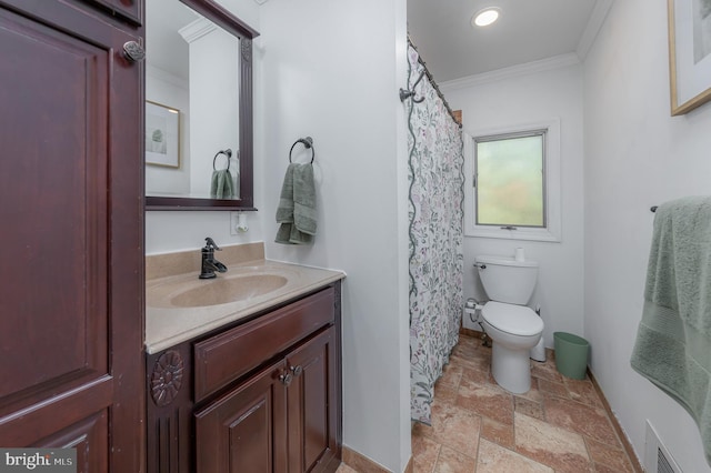 2 White Birch Ct, Turnersville, NJ 08012 - bathroom featuring crown molding, vanity, toilet, baseboards, and stone finish floor