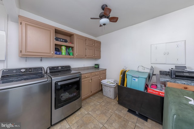 2 White Birch Ct, Turnersville, NJ 08012 - laundry room featuring washer and clothes dryer, cabinet space, ceiling fan, and stone finish flooring