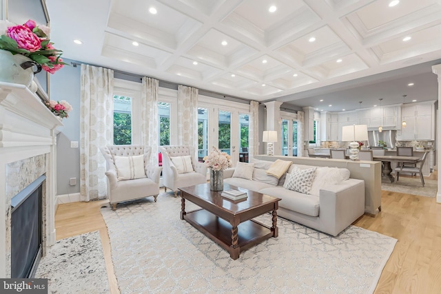 620 N Lincoln St, Arlington, VA 22201 - living area featuring light wood-style flooring, plenty of natural light, recessed lighting, coffered ceiling, and beamed ceiling