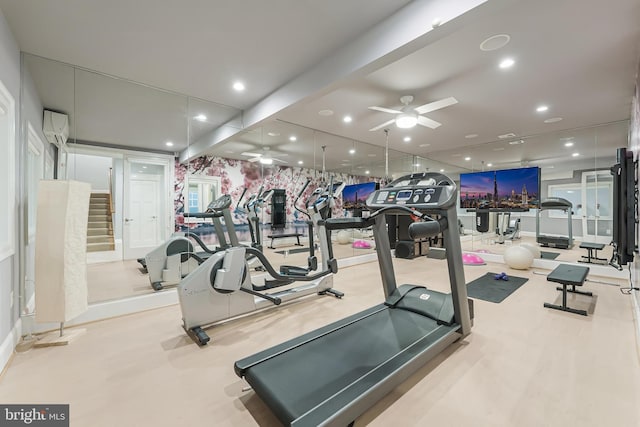 620 N Lincoln St, Arlington, VA 22201 - gym with a ceiling fan, recessed lighting, and a wall mounted air conditioner