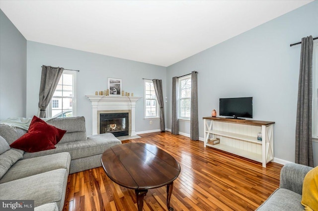 living room with a fireplace with flush hearth, wood-type flooring, baseboards, and a healthy amount of sunlight