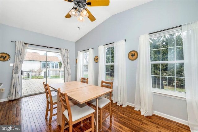dining room with baseboards, dark wood-style floors, ceiling fan, and lofted ceiling