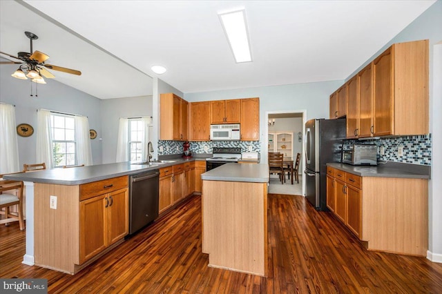 kitchen featuring tasteful backsplash, a sink, ceiling fan, stainless steel appliances, and dark wood-type flooring