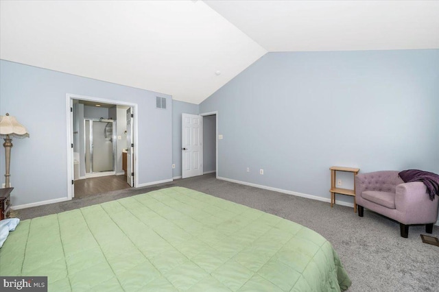 carpeted bedroom featuring visible vents, baseboards, and vaulted ceiling