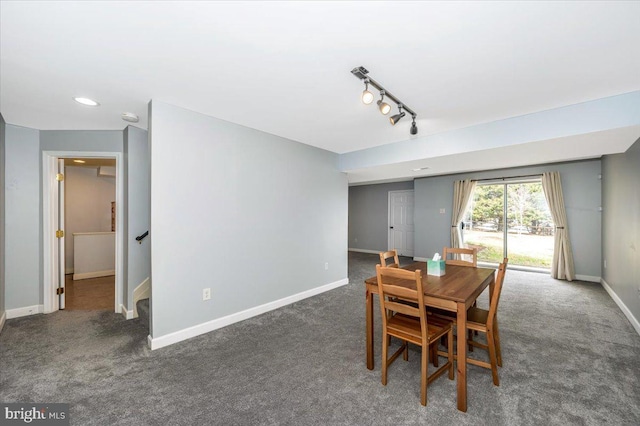 dining area with track lighting, carpet flooring, baseboards, and recessed lighting