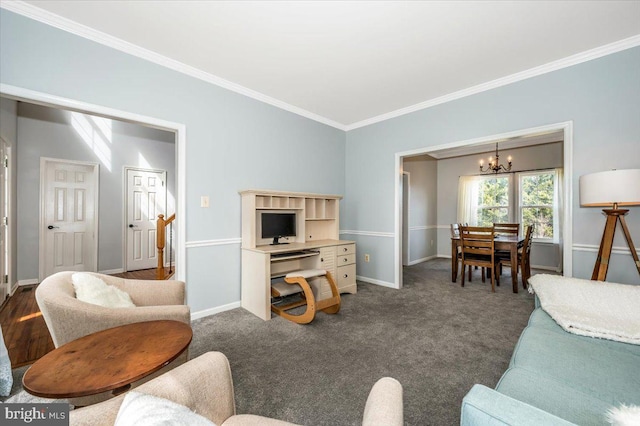 living area with ornamental molding, baseboards, dark colored carpet, and a notable chandelier