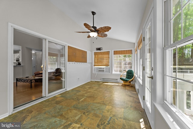 111 S Newport Way, Dagsboro, DE 19939 - unfurnished sunroom with high vaulted ceiling, a baseboard heating unit, french doors, and stone tile flooring