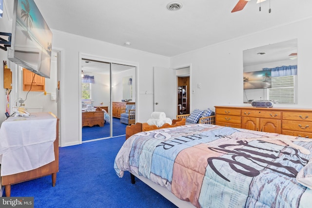 605 Old Post Ct, Bethany Beach, DE 19930 - carpeted bedroom with ceiling fan, ornamental molding, visible vents, and a closet