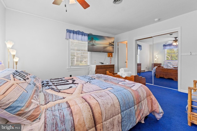 605 Old Post Ct, Bethany Beach, DE 19930 - carpeted bedroom with ceiling fan, visible vents, a closet, and ornamental molding