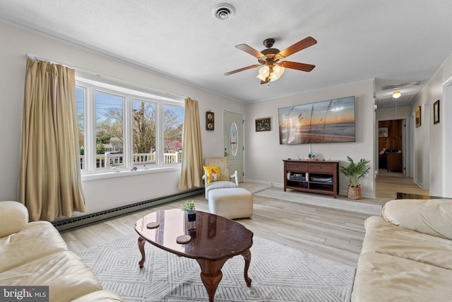 605 Old Post Ct, Bethany Beach, DE 19930 - living room featuring light wood finished floors, a ceiling fan, visible vents, and a baseboard radiator