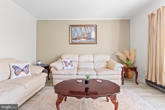 605 Old Post Ct, Bethany Beach, DE 19930 - living area featuring a baseboard heating unit, baseboards, light wood-type flooring, and ornamental molding