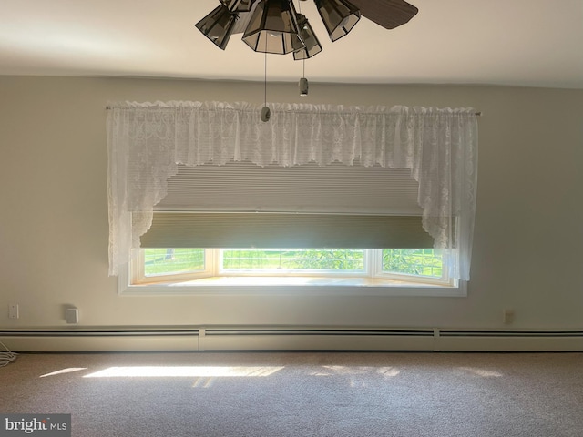 details with carpet flooring, a baseboard radiator, and ceiling fan