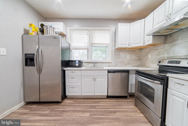 417 E Main St, Millville, NJ 08332 - kitchen featuring white cabinets, appliances with stainless steel finishes, under cabinet range hood, a sink, and decorative backsplash