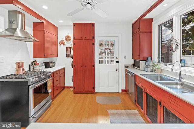 kitchen featuring tasteful backsplash, light wood-type flooring, wall chimney exhaust hood, appliances with stainless steel finishes, and a sink