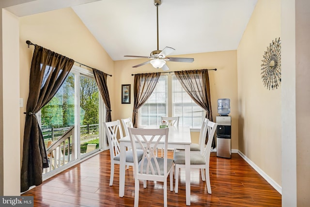 122 Abbigail Xing, Townsend, DE 19734 - dining space with ceiling fan, lofted ceiling, wood finished floors, and baseboards