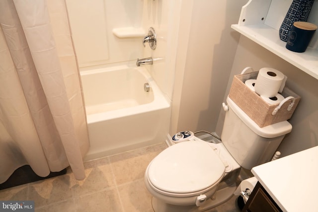 bathroom with shower / bath combo with shower curtain, toilet, and tile patterned flooring