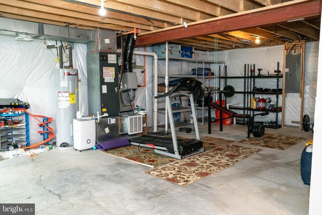 unfinished below grade area with water heater and electric panel