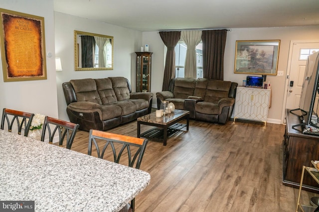 living room featuring wood finished floors, plenty of natural light, and baseboards