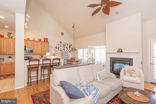 25 Easton Ave, Ocean Pines, MD 21811 - living room with visible vents, ceiling fan, recessed lighting, light wood-style flooring, and high vaulted ceiling