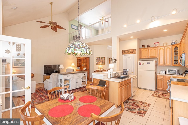 25 Easton Ave, Ocean Pines, MD 21811 - dining area featuring high vaulted ceiling, ceiling fan, a toaster, and light tile patterned floors