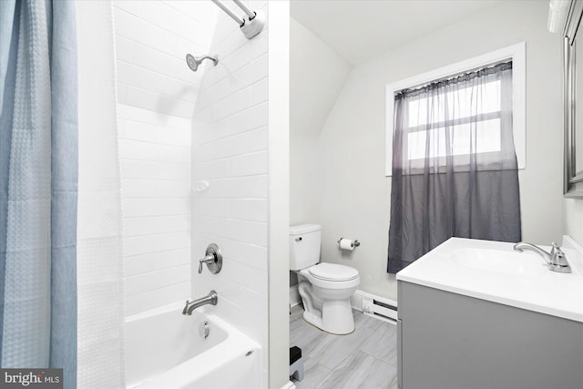 full bath featuring vanity, a baseboard heating unit, baseboards, toilet, and shower / bathtub combination with curtain
