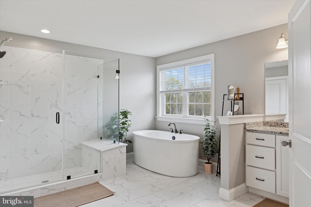 bathroom with vanity, recessed lighting, marble finish floor, a freestanding bath, and a marble finish shower