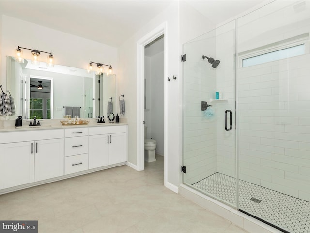 704 Kaplon Ct, Brunswick, MD 21716 - bathroom with a stall shower, toilet, double vanity, and ceiling fan