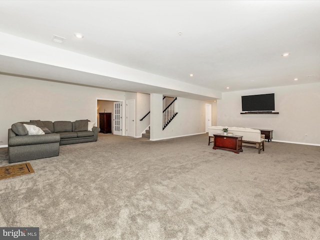 704 Kaplon Ct, Brunswick, MD 21716 - carpeted living room with baseboards, stairway, and recessed lighting