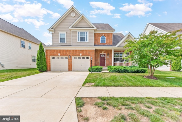 view of front of house featuring a front lawn, driveway, covered porch, brick siding, and a garage