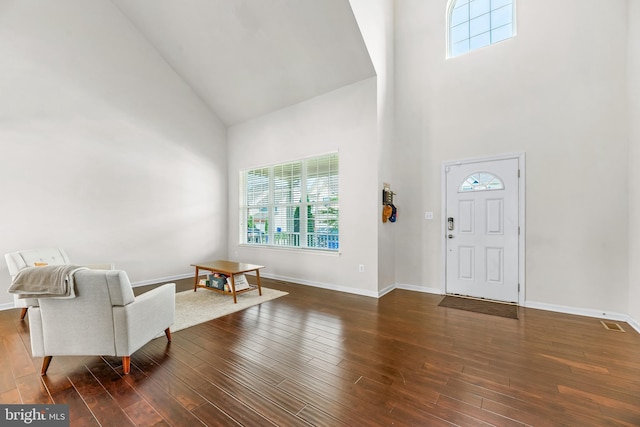foyer entrance featuring high vaulted ceiling, a wealth of natural light, dark wood-type flooring, and baseboards