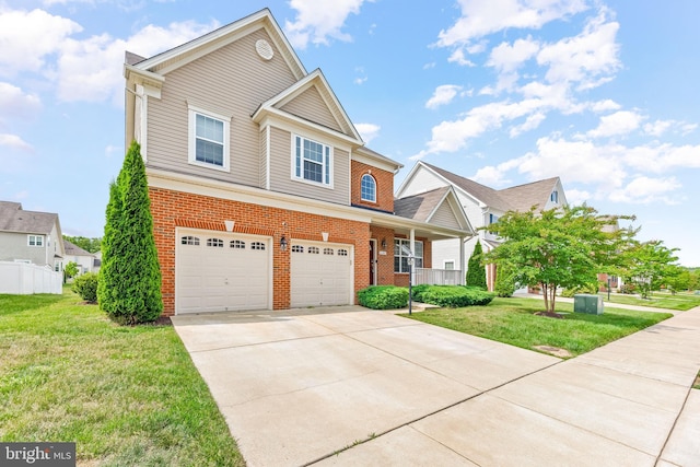 craftsman inspired home with a front lawn, a porch, concrete driveway, brick siding, and a garage