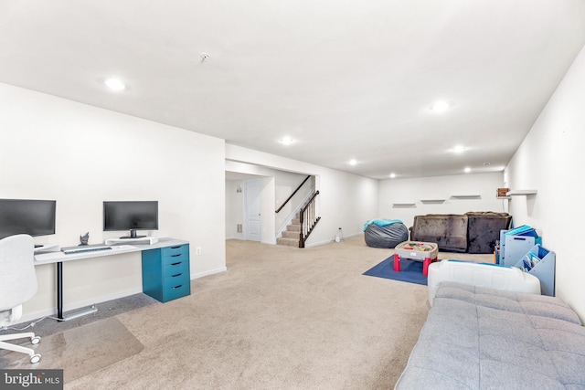 living room with recessed lighting, carpet floors, stairs, and baseboards